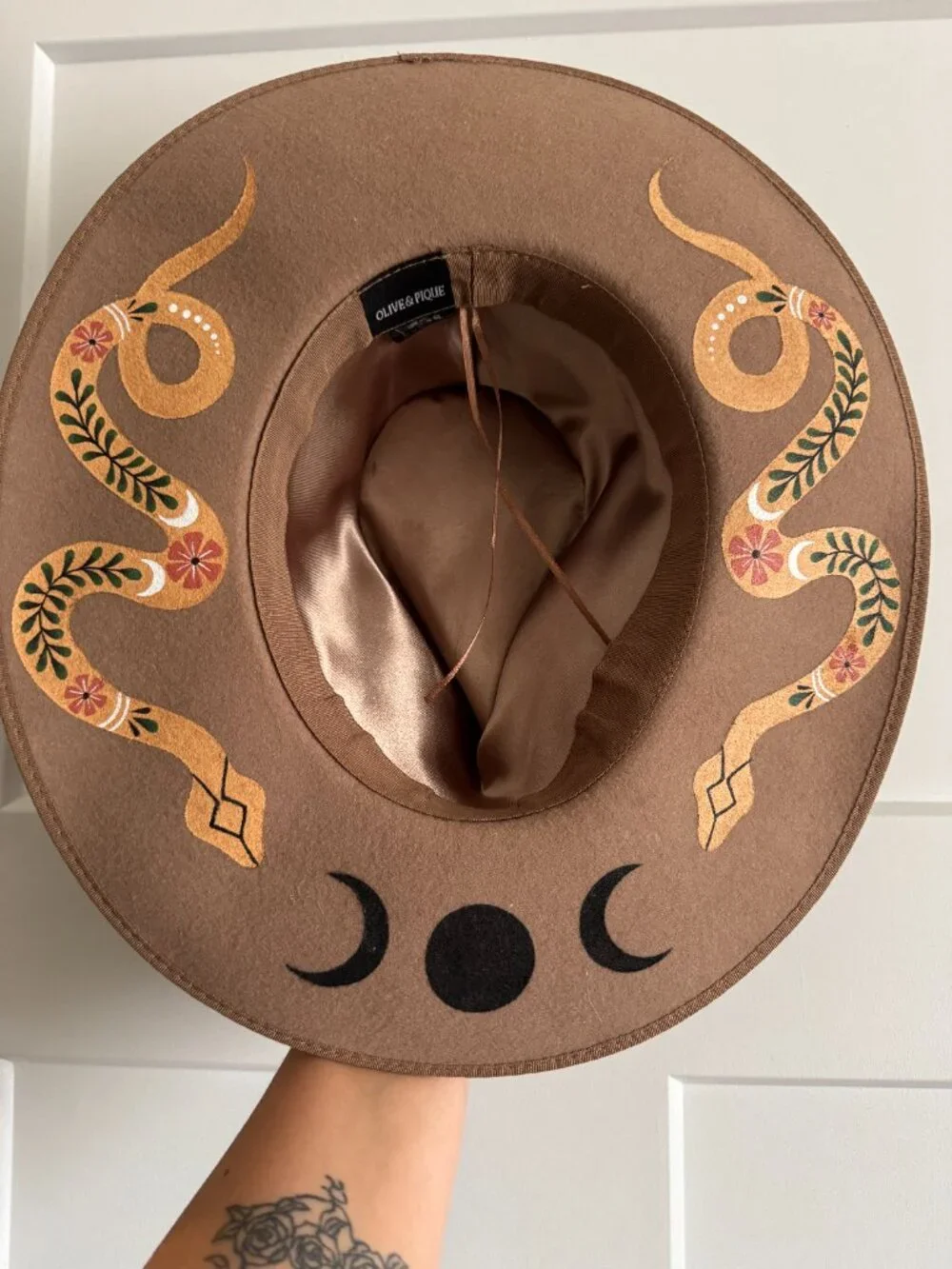 Hand-Painted Olive & Pique Wool Hat w/ Custom Artisan Snake & Moon Design